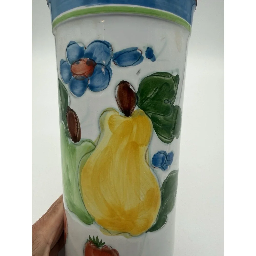 Vintage  Glazed Terracotta Wine Cooler Fruit Motif Italy Utensil Holder